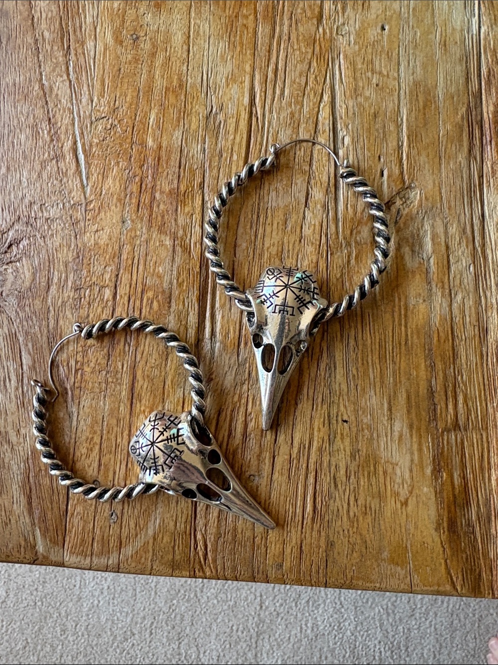 Silver Raven Skull Hoop Earrings with Engraved Symbols